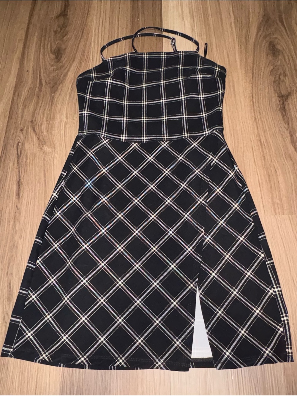 Garage Black Plaid Mini Dress with Spaghetti Straps